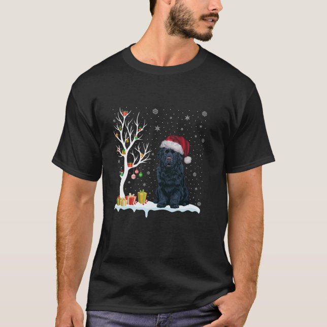 Newfoundland Dog Santa Hat Festive Tree Light Xmas T-Shirt (Front)