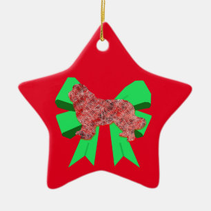 Newfoundland Dog Silhouette Green Bow Christmas Ceramic Tree Decoration