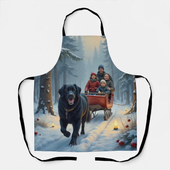 Newfoundland Dog Snowy Sleigh Ride Christmas Apron (Front)
