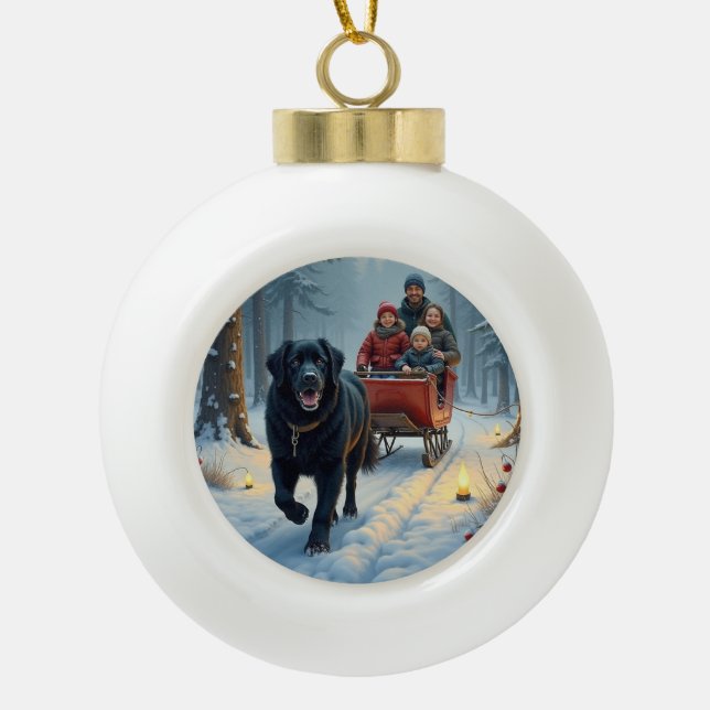 Newfoundland Dog Snowy Sleigh Ride Christmas Ceramic Ball Christmas Ornament (Front)