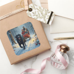 Newfoundland Dog Snowy Sleigh Ride Christmas Square Sticker