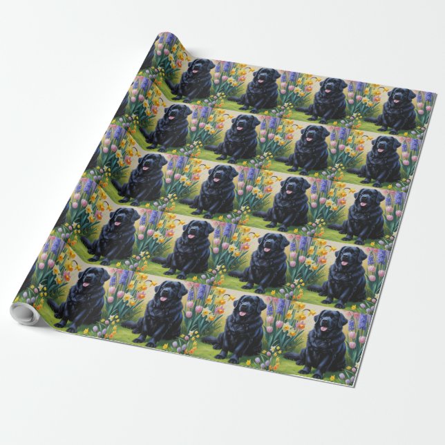 Newfoundland Dog Spring Flowers Painting Wrapping Paper (Unrolled)