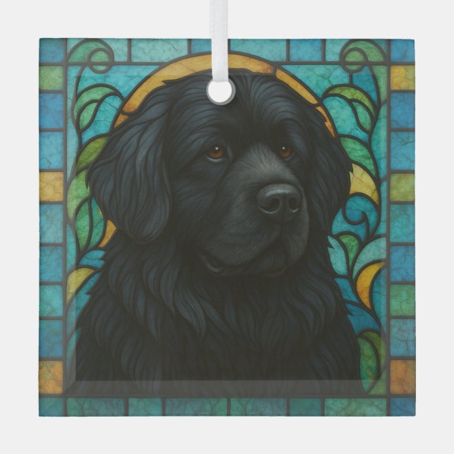 Newfoundland Dog "Stained Glass"  Glass Tree Decoration (Front)