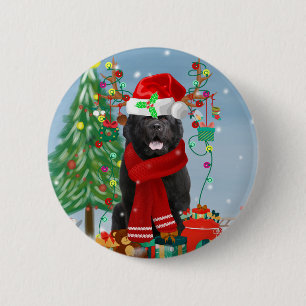 Newfoundland dog with Christmas gifts   6 Cm Round Badge
