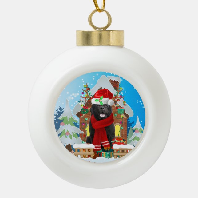 Newfoundland dog with Christmas gifts Ceramic Ball Christmas Ornament (Front)