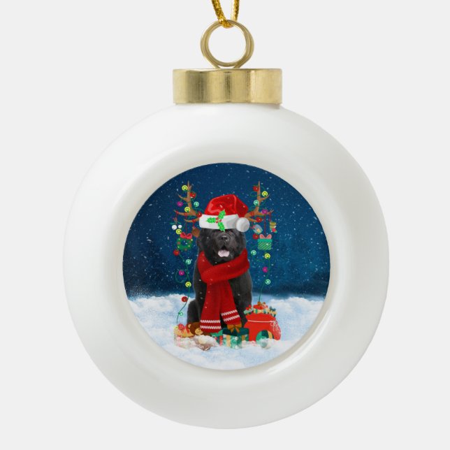 Newfoundland dog with Christmas gifts Ceramic Ball Christmas Ornament (Front)
