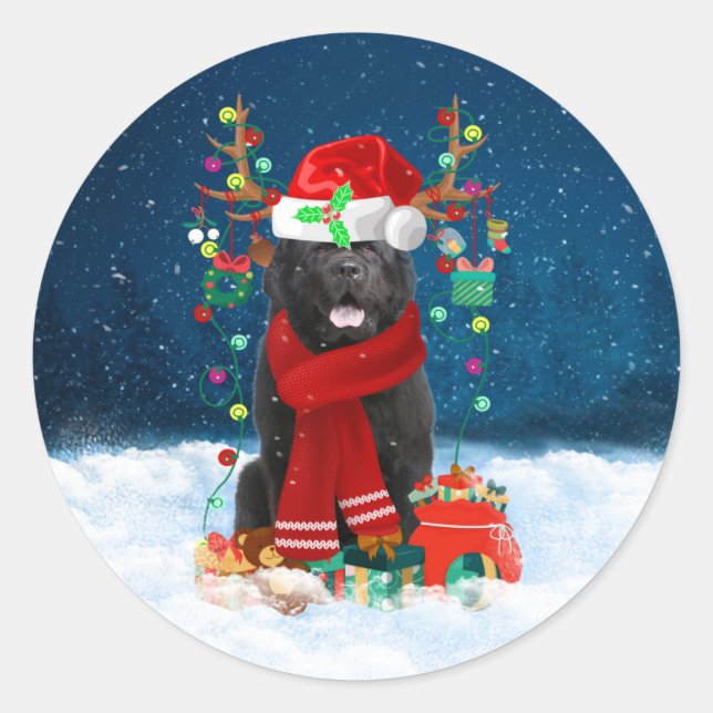 Newfoundland dog with Christmas gifts Classic Round Sticker (Front)