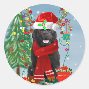Newfoundland dog with Christmas gifts Classic Round Sticker