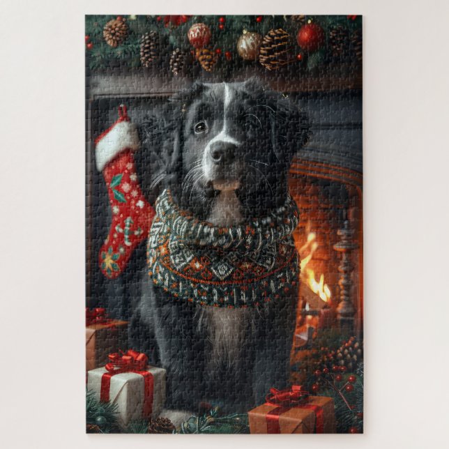 Newfoundland Dog With Christmas Gifts Fireplace Jigsaw Puzzle (Vertical)