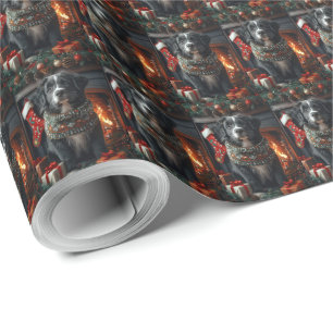 Newfoundland Dog With Christmas Gifts Fireplace Wrapping Paper