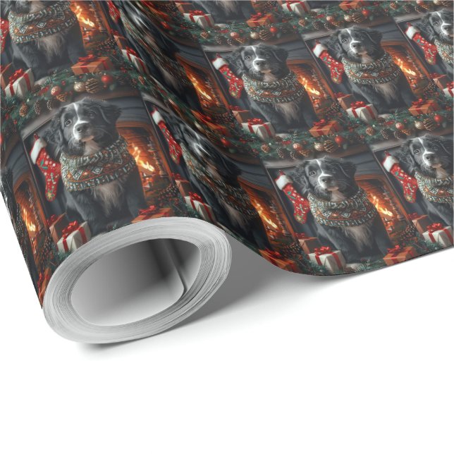 Newfoundland Dog With Christmas Gifts Fireplace Wrapping Paper (Roll Corner)