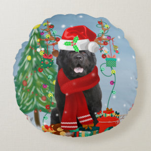 Newfoundland dog with Christmas gifts   Round Cushion