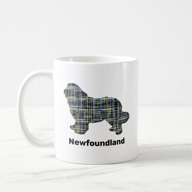 Newfoundland Dog Yellow & Blue Grid White Coffee Mug (Left)