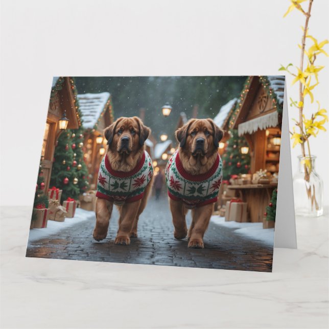Newfoundland Dogs Christmas Snow Holiday Card (Yellow Flower)