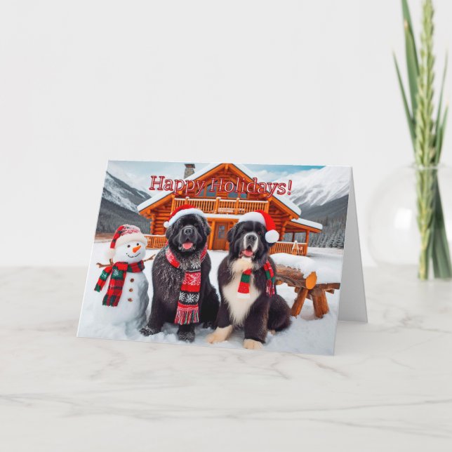 Newfoundland Dogs Next to a Snowman Christmas Card (Front)