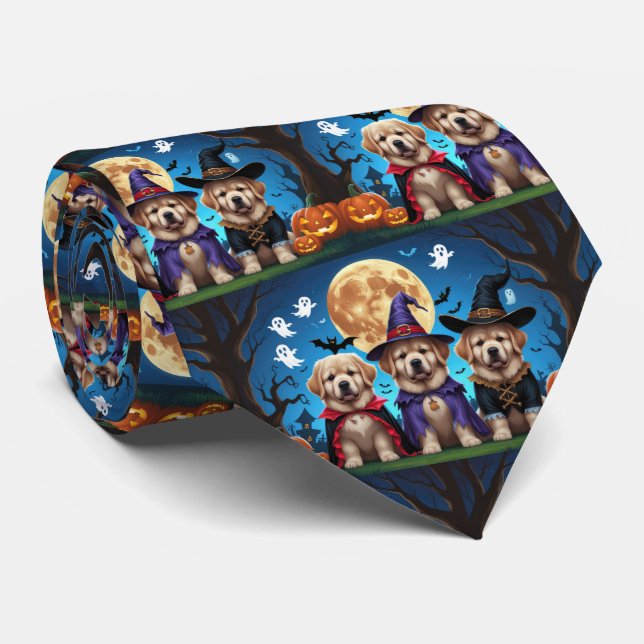 Newfoundland Dogs Pumpkin Halloween Funny  Tie (Rolled)