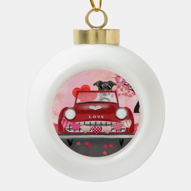 Newfoundland in car with hearts ceramic ball christmas ornament (Front)