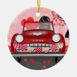 Newfoundland in car with hearts ceramic tree decoration