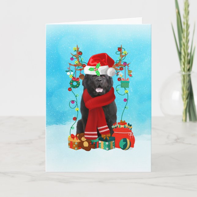  Newfoundland in snow with Christmas gifts Card (Front)