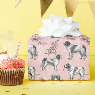 Newfoundland Landseer Dogs Vintage Floral Toile Wrapping Paper