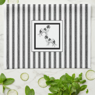 Newfoundland Landseer on black and white stripe Tea Towel