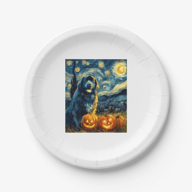 Newfoundland Newfie Cute Dog Halloween Jack O Lant Paper Plate (Front)