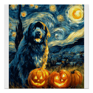 Newfoundland Newfie Cute Dog Halloween Jack O Lant Poster