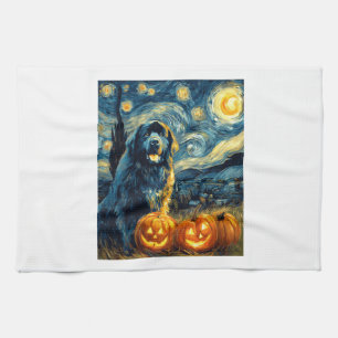 Newfoundland Newfie Cute Dog Halloween Jack O Lant Tea Towel