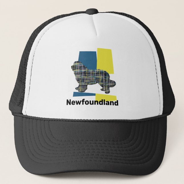 Newfoundland Newfie Dog Silhouette Tricolour Grid Trucker Hat (Front)