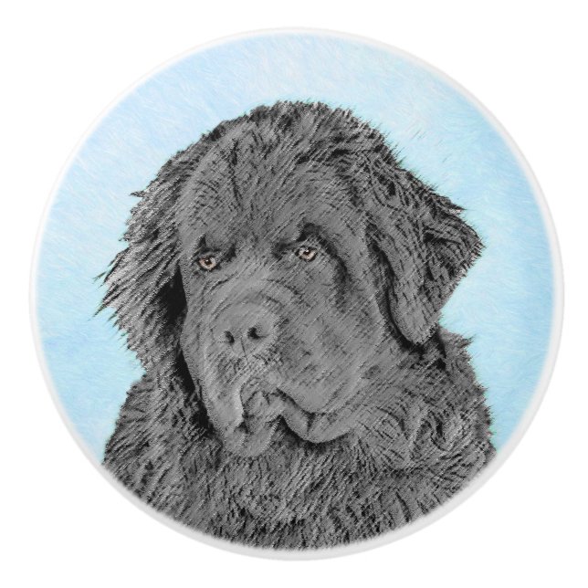 Newfoundland Painting - Cute Original Dog Art Ceramic Knob (Front)