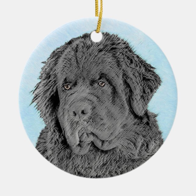 Newfoundland Painting - Cute Original Dog Art Ceramic Tree Decoration (Front)