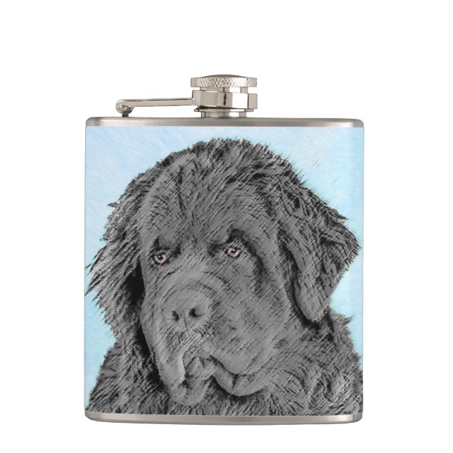 Newfoundland Painting - Cute Original Dog Art Hip Flask (Front)
