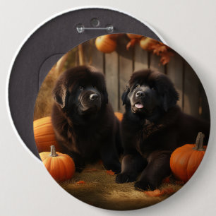 Newfoundland Puppy Autumn Delight Pumpkin 6 Cm Round Badge