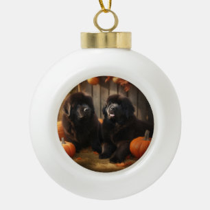 Newfoundland Puppy Autumn Delight Pumpkin Ceramic Ball Christmas Ornament