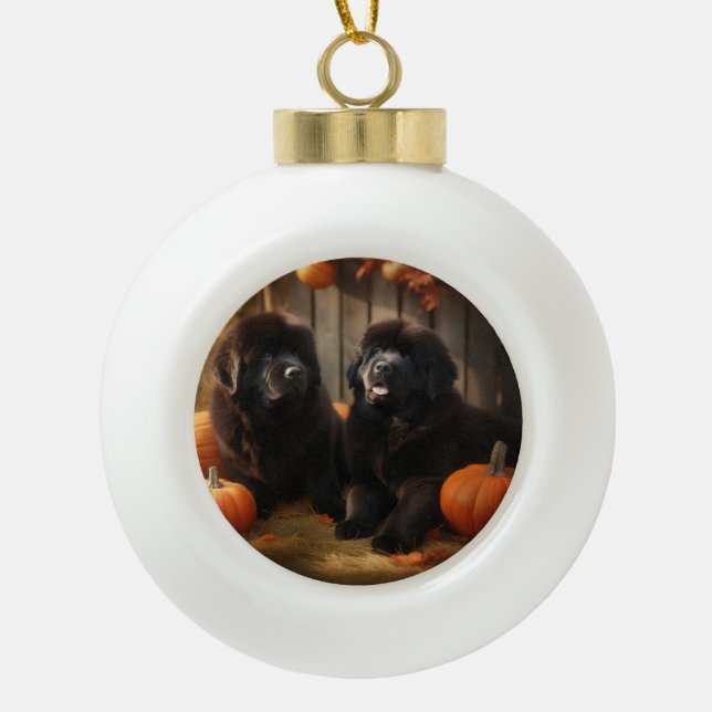Newfoundland Puppy Autumn Delight Pumpkin Ceramic Ball Christmas Ornament (Front)