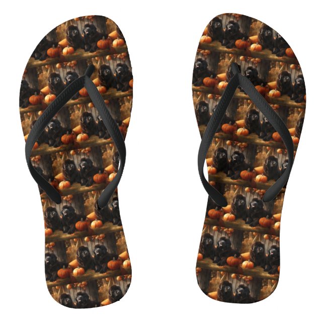 Newfoundland Puppy Autumn Delight Pumpkin Flip Flops (Footbed)
