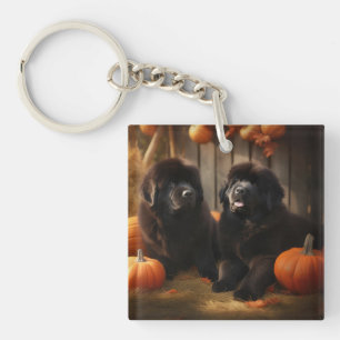 Newfoundland Puppy Autumn Delight Pumpkin Key Ring