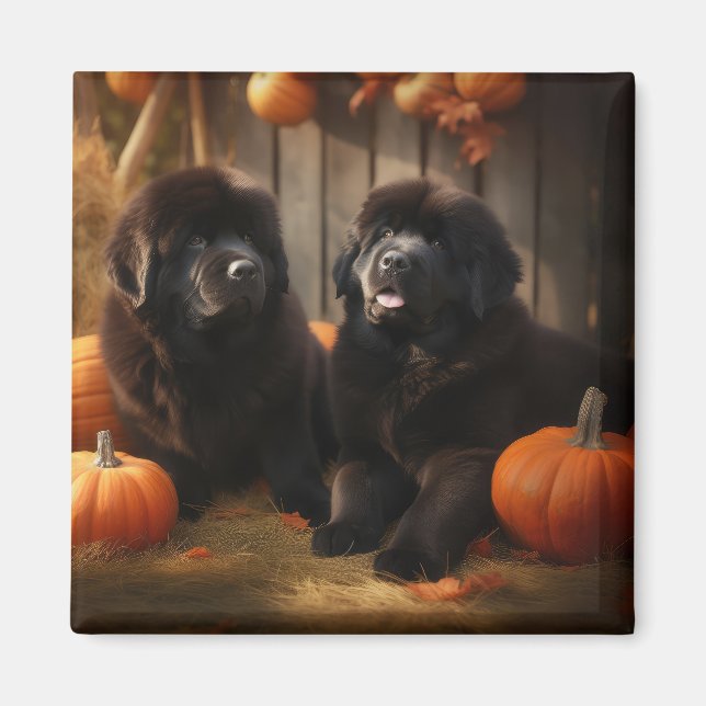 Newfoundland Puppy Autumn Delight Pumpkin Magnet (Front)