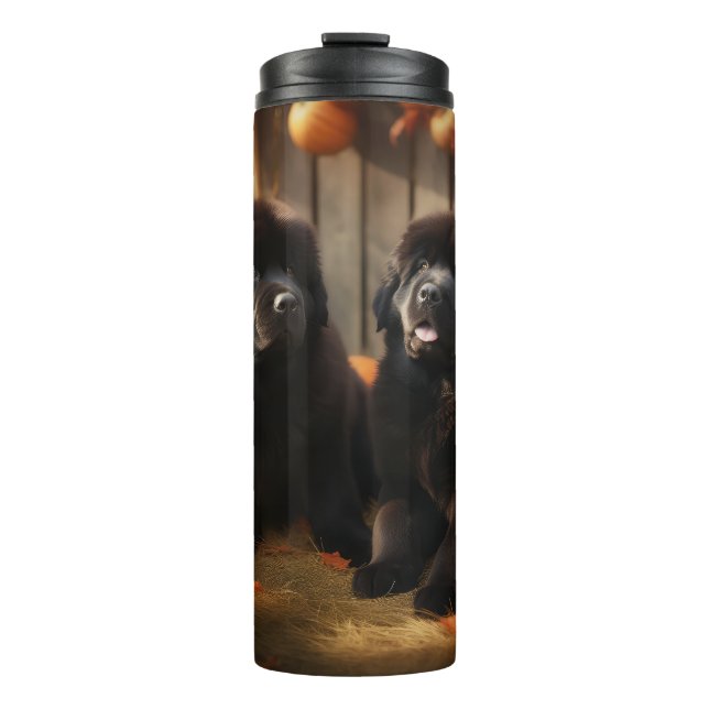 Newfoundland Puppy Autumn Delight Pumpkin Thermal Tumbler (Front)