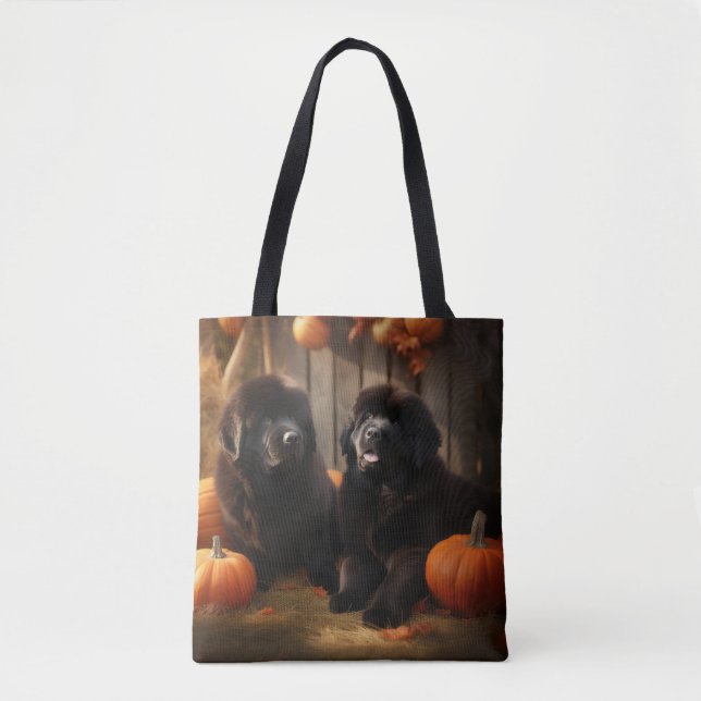 Newfoundland Puppy Autumn Delight Pumpkin Tote Bag (Front)