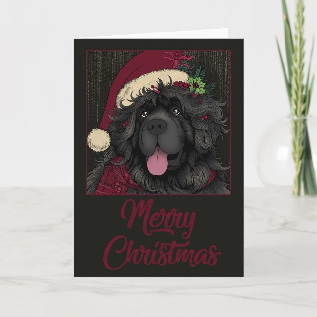 Newfoundland Puppy Dog Santa Hat Merry Christmas Holiday Card (Front)