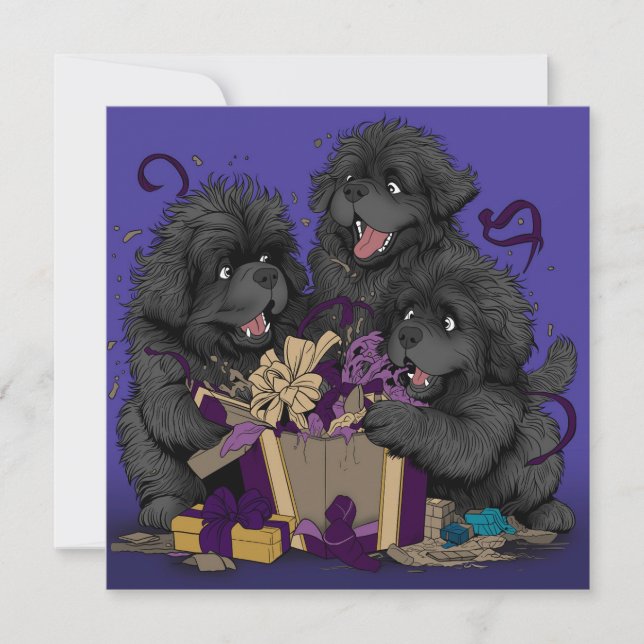 Newfoundland puppy dogs opening presents holiday card (Front)
