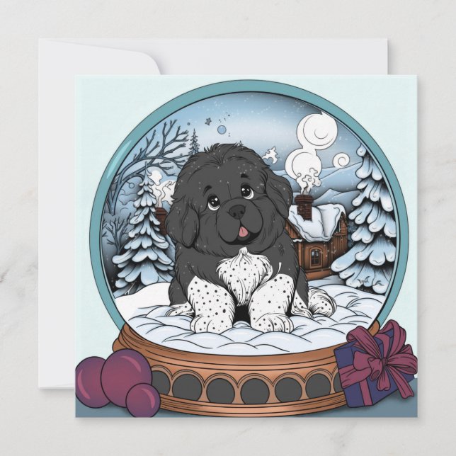Newfoundland Puppy Snowglobe Holiday Card (Front)