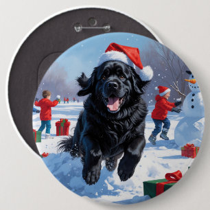 Newfoundland Running in Snow with Christmas Hat 6 Cm Round Badge