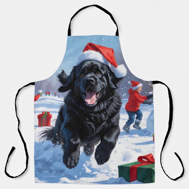 Newfoundland Running in Snow with Christmas Hat Apron (Front)