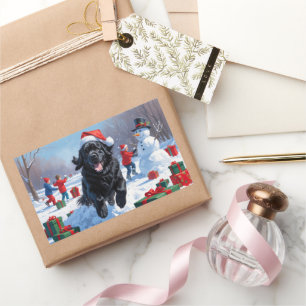 Newfoundland Running in Snow with Christmas Hat Rectangular Sticker