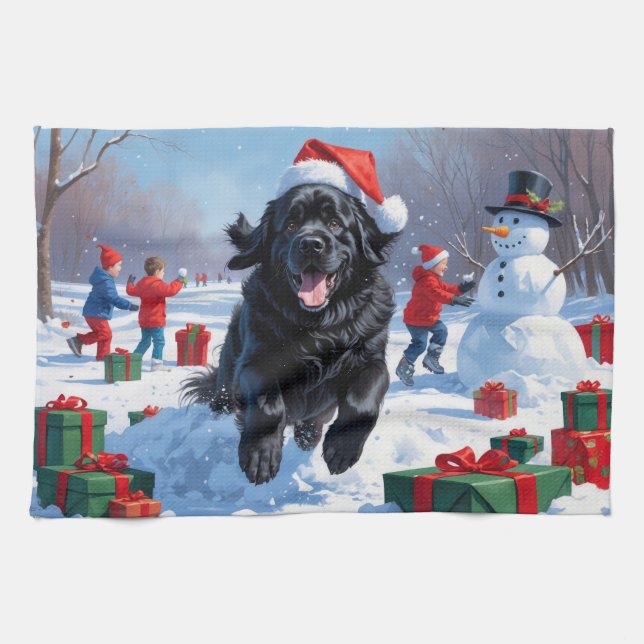 Newfoundland Running in Snow with Christmas Hat Tea Towel (Horizontal)