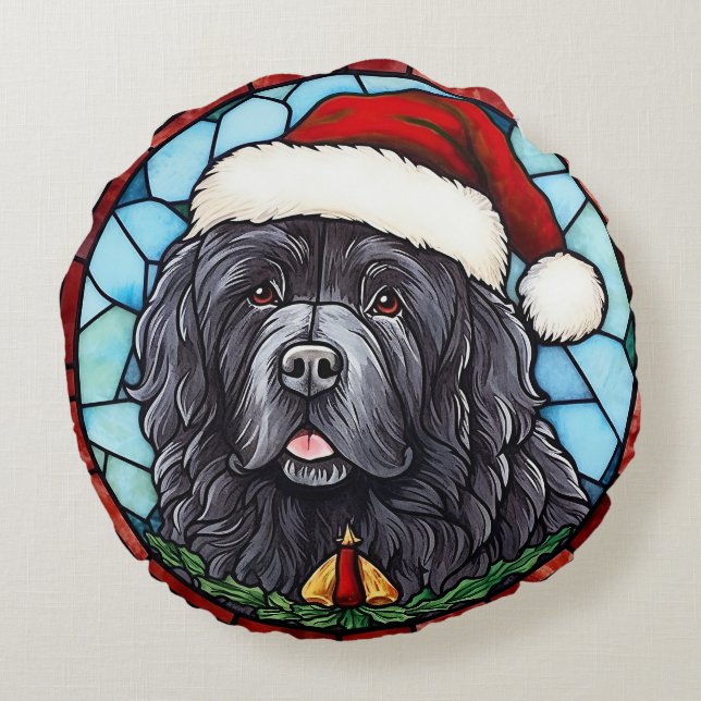 Newfoundland Stained Glass Christmas Round Cushion (Back)