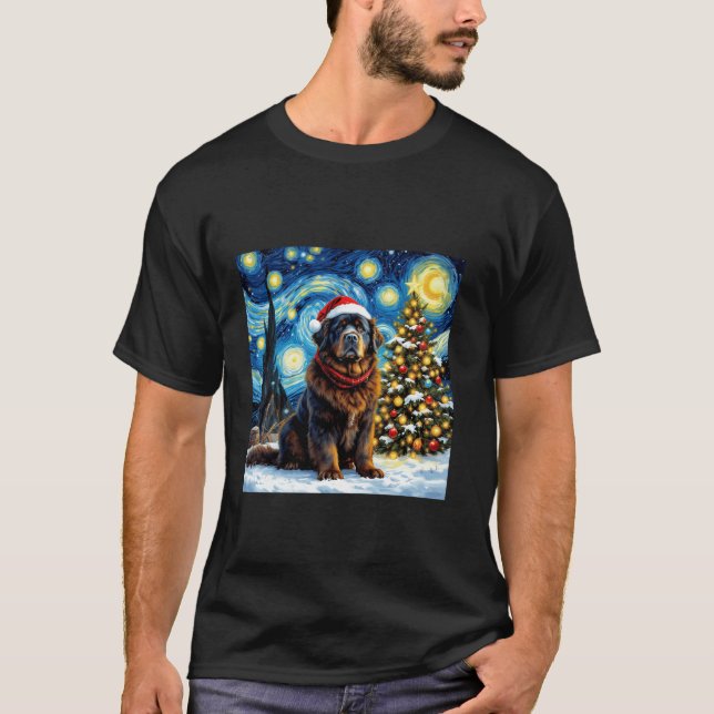 Newfoundland Starry Night Christmas Van Gogh Dog S T-Shirt (Front)
