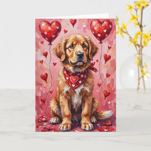 Newfoundland Valentine’s Day Dog with Hearts Red Card (Yellow Flower)